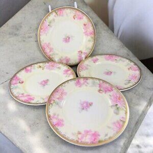 Antique Silesia Porcelain Ceramic Round Dish Plate Hand Painted Floral Gold Set4